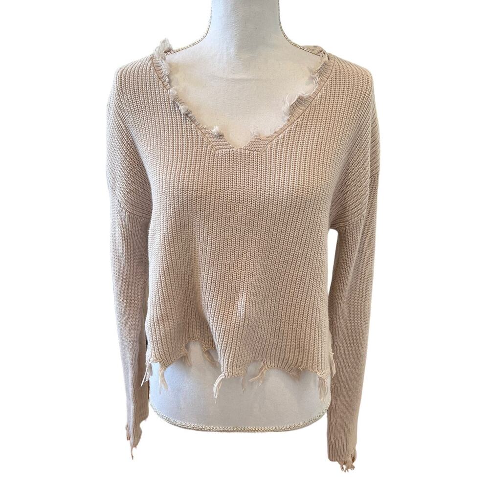 Le Lis Collection Cropped Distressed V Neck Sweater Neutral Blush M